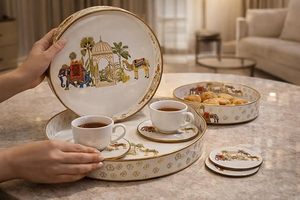 Juego de bandejas para servir con arte Pichhwai, bandeja redonda decorativa de metal para servir. - Product Image 4