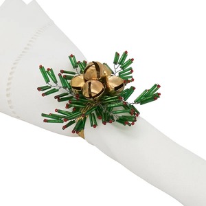 Servilletero de Lujo con Campana Dorada y Cuentas Verdes, Accesorios para Comedor Navideño, Anillo para Servilletas Estilo Ramas de Pino Navideñas - Product Image 3