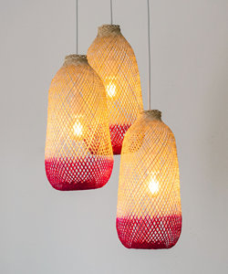 Pink Bamboo <b>Cluster</b> Pendant <b>Light</b> Triple Drop Ceiling Lamp Hand Dyed Flexible Lampshade Boho Lighting Supplier - Product Image 3