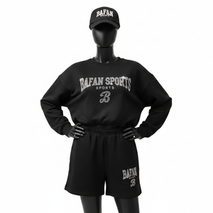 Ensemble sweat-shirt et short pour femme 100% coton, coton brossé de qualité supérieure, coupe décontractée, noir avec logo imprimé en strass, ensemble pour femme - Product Image 1