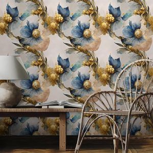 Carta da Parati Vintage Floreale Grande, Facile da Applicare e Rimuovere, Motivo Astratto Marmo e Fiori in Oro/Blu, Carta Adesiva Classica per Pareti - Product Image 2
