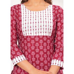 ชุดคุर्ตาผ้าฝ้ายพิมพ์ลายสีแดงเลือดหมูขาว แบรนด์ Aarti Fashion ดีไซน์หรูหรา แขนสามส่วน สไตล์อินเดีย สำหรับทุกฤดูกาล ทรงตรงสำหรับผู้หญิง - Product Image 2