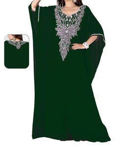Abaya Azul con Cuentas de Poliéster para Mujer, Talla Grande, Cuello Alto, Manga Larga, Largo hasta el Tobillo, para Fiestas Nocturnas, para Todas las Temporadas - Product Image 2