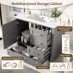 Modern 36\" Bathroom Vanity Storage Cabinet with Solid Pine Frame 1 Soft-Close Door 3 Drawers - Product Image 6