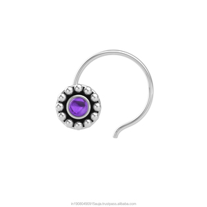 Piercing de nez en argent sterling 925 avec améthyste ronde sertie, style indien, pour femmes et jeunes filles - Product Image 1