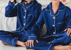 Pyjama pour enfants à manches longues, couleur unie bleue, vêtements de nuit, tissu doux, longueur normale, pour l'automne - Product Image 6