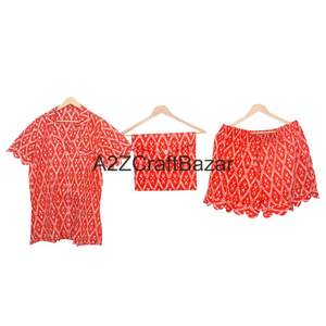 Ensemble de pyjama pour femmes, imprimé à la main, 100% coton, motif diamant, col en V, taille haute élastique, manches courtes, respirant, doux - Product Image 3