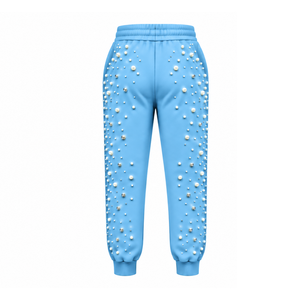 Sky Blue Pearl Beaded Jogger Pants Women Luxury Embellished Drawstring Sweatpants Casual Streetwear Fleece <b>Trousers</b> <b>With</b> <b>Pockets</b> - Product Image 2