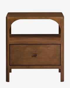 Mesa de Noche de Madera de Teca con Cajón Inferior y Soporte para Dispositivos Electrónicos Abierto - Product Image 1
