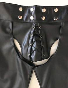 <b>Men's</b> Black Sexy Tight Pu Leather Shorts Solid Pattern Casual Faux Front Bandage Drawstring Closure High Waist Eco-Friendly - Product Image 3
