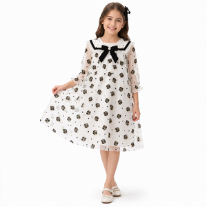 Vestido de Princesa con Malla Floral para Niñas |   Elegante Vestido de Fiesta de Manga Larga con Lazo - Product Image 4