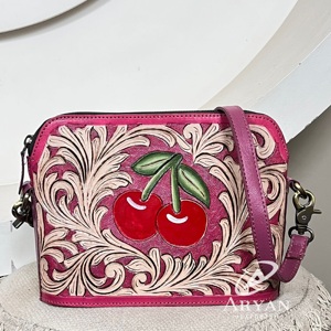 Bolsos de mano de diseño con motivos florales en relieve color rosa de moda, bolsos cruzados de cuero genuino estilo occidental para damas. - Product Image 1