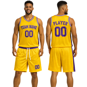 Conjunto de Uniforme de Baloncesto Retro Personalizado en Amarillo con Cuello y Borde Morado, Jersey y Pantalones Cortos, Diseño con Nombre y Número del Equipo - Product Image 1