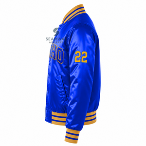 Chaqueta Universitaria Azul Satinado para Mujer Sigma Gamma Rho con Botones a Presión, Letras Griegas Bordadas, Cuello y Puños de Punto a Rayas, Ropa Universitaria - Product Image 3