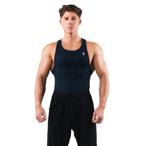 Camiseta sin mangas acanalada para hombre, ajuste muscular, chaleco de entrenamiento para gimnasio, capa base elástica para entrenamiento atlético, ropa deportiva azul marino - Product Image 1