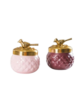 Ensemble de pots de rangement décoratifs de luxe avec couvercle en forme d'oiseau doré, motif diamant rose et bordeaux, élégants récipients pour la décoration de la maison, cadeau - Product Image 1