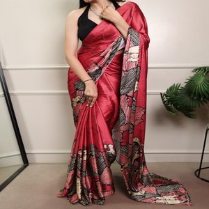 VASTRA COTTAGE Sari de satén mate con estampado elegante y blusa sin coser, colección étnica para fiestas. - Product Image 6