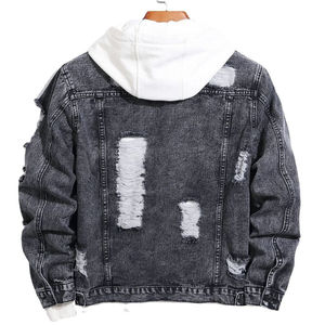 Men's Distressed <b>Denim</b> Jacket Ripped Hoodie Casual Autumn Outerwear Solid Color Button Fly Regular Fit Knitted Cotton <b>Coat</b> - Product Image 2