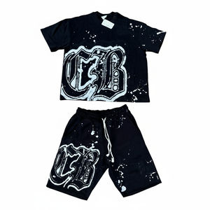Conjunto de Camiseta Gráfica Oversize y Pantalones Cortos de Algodón Negro, Estilo Urbano de Verano, Dos Piezas, Cuello Redondo, Pantalones Cortos con Cordón para Hombre - Product Image 1