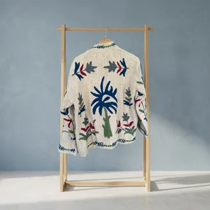 Suzani Embroidered Vintage <b>Quilted</b> Cotton <b>Jacket</b> Floral Botanical Folk Art Boho <b>Lightweight</b> Open Front Unisex <b>Womens</b> Artisan - Product Image 6