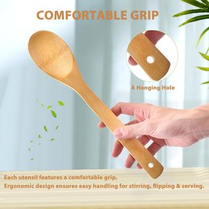 Ensemble d'ustensiles de cuisine en bois, 6 pièces, essentiels de cuisson, spatule en bois naturel, cuillère ajourée, cuillère fourchue, compatible avec les ustensiles antiadhésifs - Product Image 6