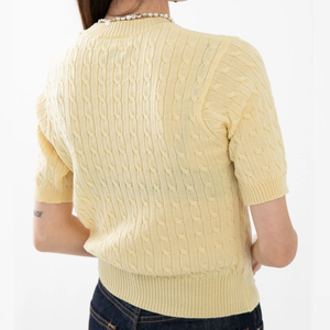 Pull en maille torsadée jaune pâle pour homme, manches trois quarts, couleur unie, tricoté en acrylique, idéal pour l'automne - Product Image 5