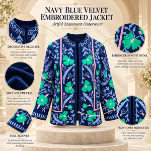 Veste en velours bleu marine à fleurs pour femmes |   Vêtement d'extérieur bohème brodé élégant à manches longues, col rond et motif vigne artistique - Product Image 4