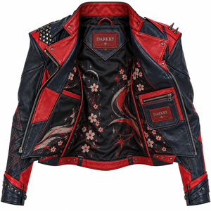 Chaqueta de cuero gráfica para mujer, estilo motero, con tachuelas y púas, color azul marino y rojo, estilo punk rock, ropa exterior, proveedor de fábrica al por mayor, OEM, ODM, personalizada - Product Image 5