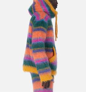 Autumn Winter <b>Long</b>-Sleeved Hooded Top <b>Cardigan</b> New Color Striped Zipper Button Decoration Loose Personality Fashion Made Mohair - Product Image 2