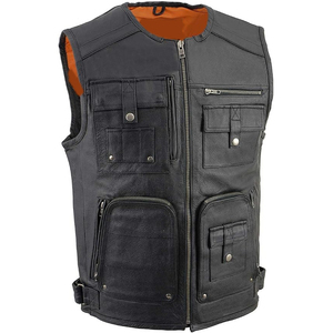 Samroz Sports Men's Black ‘Super <b>Utility</b>-Multi Pocket <b>Vest</b>’ Motorcycle Biker Leather <b>Vest</b> - Product Image 1