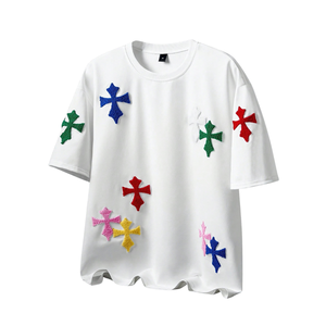 <b>Mens</b> White Crew Neck Short Sleeve T-<b>Shirt</b> Front <b>Sequin</b> Embroidered Cross Patches Casual Streetwear Jersey 240g Loose Fit - Product Image 1