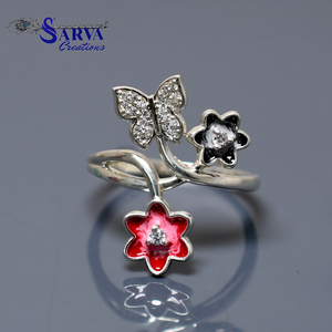 Enamel Floral Butterfly <b>Ring</b> 925 Sterling <b>Silver</b> CZ Accents Colorful Flower Design <b>Adjustable</b> Statement <b>Ring</b> Elegant Nature - Product Image 6