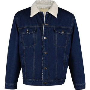 Veste en jean pour homme doublée en sherpa, respirante, 300g, bleu foncé, fermeture éclair, style camionneur, hiver, décontractée, coton épais - Product Image 4