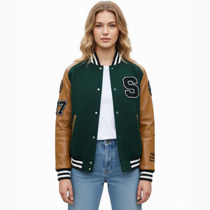 Chaqueta Varsity Verde para Hombre, Nueva, con Mangas de Cuero PU, Logotipo S Bordado y Número 77, Estilo Preppy, para Otoño, Chaqueta de Béisbol - Product Image 3