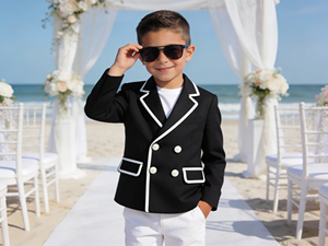 Costume de blazer vert olive à double boutonnage pour garçons pour mariage à la plage |   Costume de fête formel pour enfants avec passepoil blanc - Product Image 3