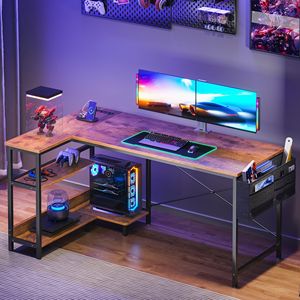 55 Inch L-Shaped <b>Corner</b> <b>Computer</b> <b>Desk</b> with Power Outlet Storage Shelves CPU Stand Side Storage Bag <b>for</b> Home Office - Product Image 1