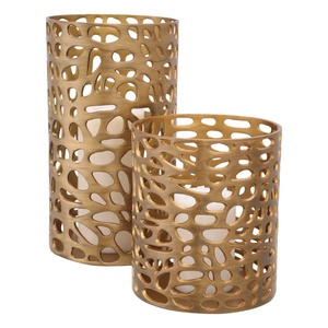 Luxury Cutout Metal <b>Hurricane</b> Candle Holder Set 2 Piece Gold Abstract Hollow Cylinder <b>Lantern</b> Pillar Candle Sleeve for Wedding - Product Image 1