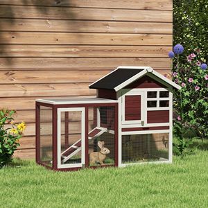 Conigliera in Legno Marrone da 48 Pollici con Tetto Impermeabile in Asfalto, Area Esterna Divertente, Vassoio Rimovibile e Rampa, Arredamento per Animali Domestici - Product Image 1