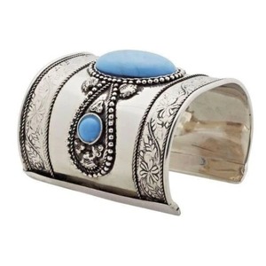 Vintage Textured <b>Cuff</b> <b>Bracelet</b> <b>Silver</b> Tone Blue Stone Open Bangle Casual Jewelry for Women - Product Image 1