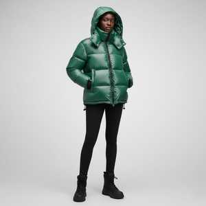 Veste matelassée verte pour femme, manches longues, à capuche, fermeture éclair, coupe-vent, manteau d'hiver, rembourrage épais en polyester - Product Image 2