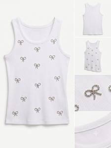 Fourstyle Sportswear White Breathable Knitted Tank <b>Top</b> Rhinestone Bow Decoration Women's Fitness Sportswear - Product Image 1