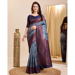 DERNIÈRE KANJIVARAM SOIE JACQUARD TRAVAIL SAREE AVEC BLOUSE SANS COUTURE BLEU - Product Image 1