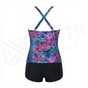 Ensemble tankini 2 pièces pour femmes, imprimé feuilles tropicales, haut croisé à bretelles avec détail froncé et short, maillot de bain à séchage rapide - Product Image 2