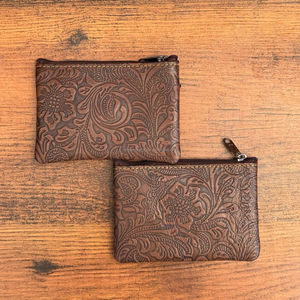 Nuevo 2025 marrón en relieve de cuero Floral Mini Triple cremallera bolsillo monedero para mujer bolsa de cuero genuino tarjetero - Product Image 5