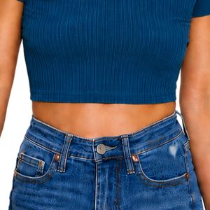 Top Corto Azul Acanalado para Mujer, Manga Corta, Cuello Redondo, Ajuste Delgado, Camiseta Casual de Punto, Moda de Verano, Algodón Elástico, Spandex, Básico - Product Image 6