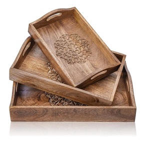 Ensemble de plateaux en bois de manguier, plateau de service décoratif avec poignées, ensemble de plateaux en bois faits à la main, ensemble de 3 plateaux de service pour la cuisine - Product Image 1