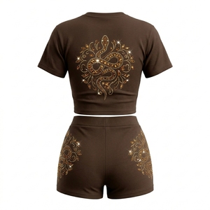 Women's Orange Rhinestone Mandala Crop Top & Shorts <b>Set</b> Bohemian Style Summer Outfit Two Piece Wear - Product Image 4