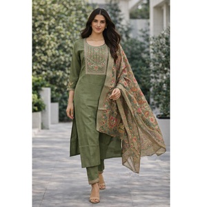 Ensemble Kurti pour femmes très tendance, vert olive, manches 3/4, coton et soie, entièrement cousu, pour les occasions régulières et les occasions festives - Product Image 1
