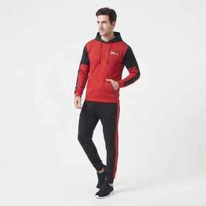 Survêtement à capuche pour homme, rouge et noir, à blocs de couleur, manches longues, décontracté, avec poches latérales, style automne - Product Image 1