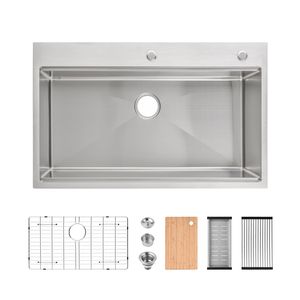 Lavello da cucina singolo da 90x55 cm in acciaio inossidabile fatto a mano, da incasso, con finitura spazzolata, con tagliere e griglia scolapiatti - Product Image 1